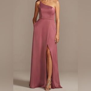 David’s Bridal crepe-back satin one-shoulder bridesmaid dress in color Chianti